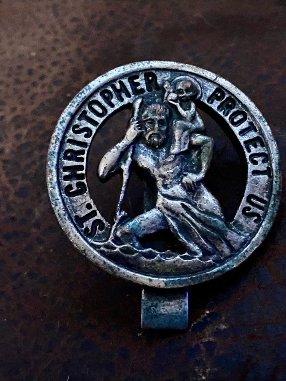 St. Christopher “Protect Us” Pewter Auto Visor Clip - Protective Patron Saint